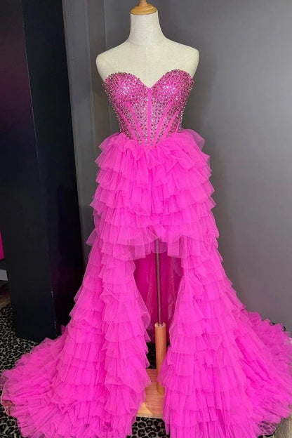 Tulle A-line Tie Sweetheart Beaded High Low Prom Dresses