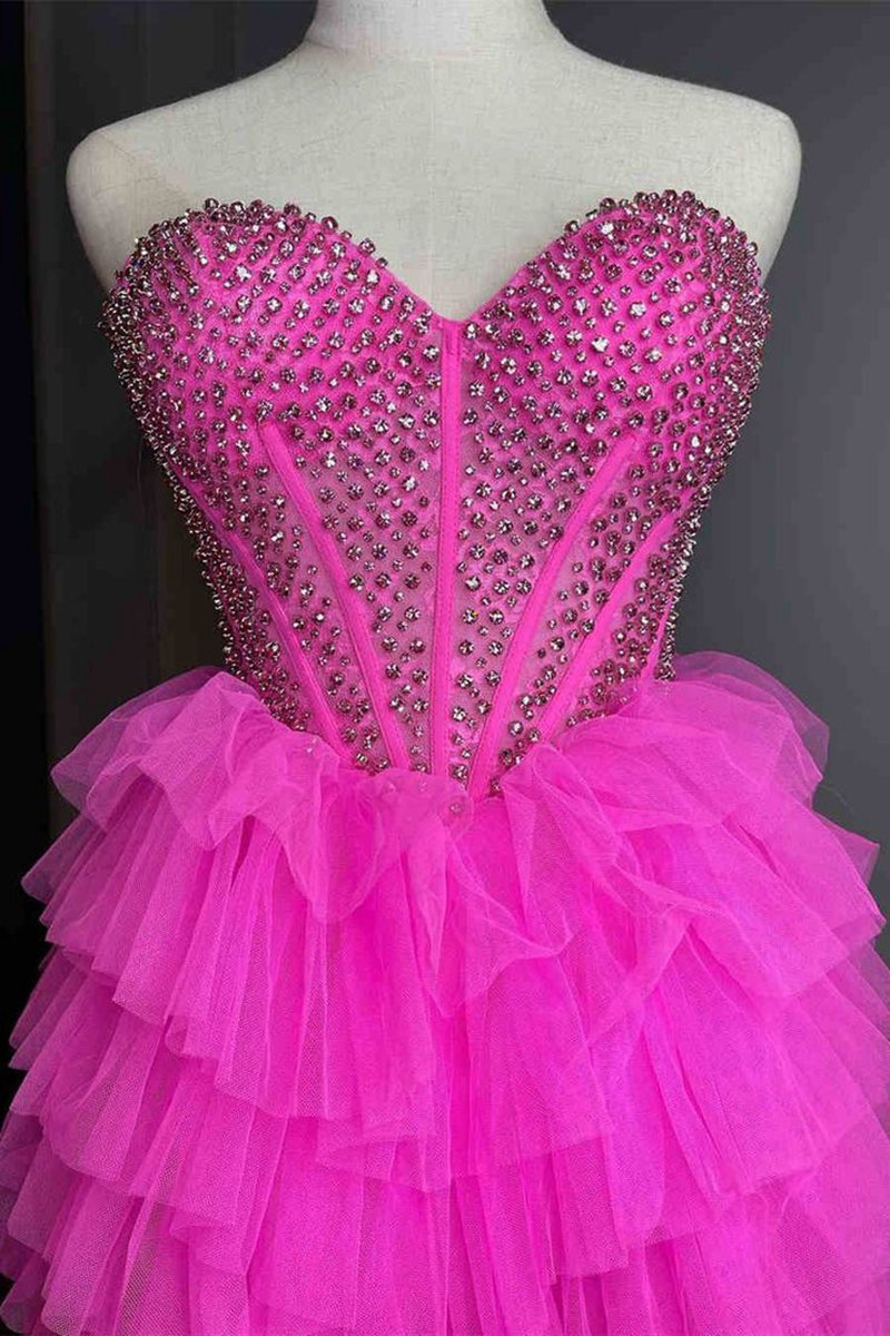 Tulle A-line Tie Sweetheart Beaded High Low Prom Dresses