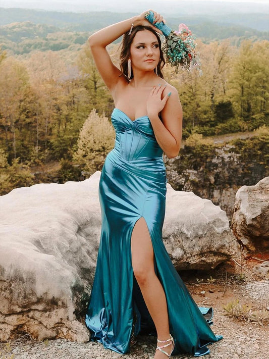 Mermaid Sweetheart Strapless Metallic Empire Prom Dresses with Side Slit