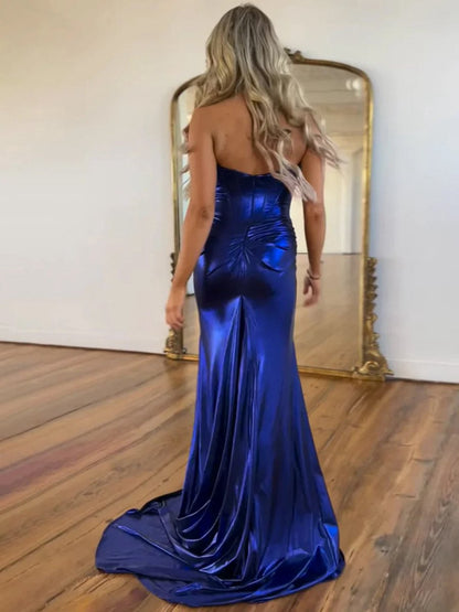 Mermaid Sweetheart Strapless Metallic Empire Prom Dresses with Side Slit
