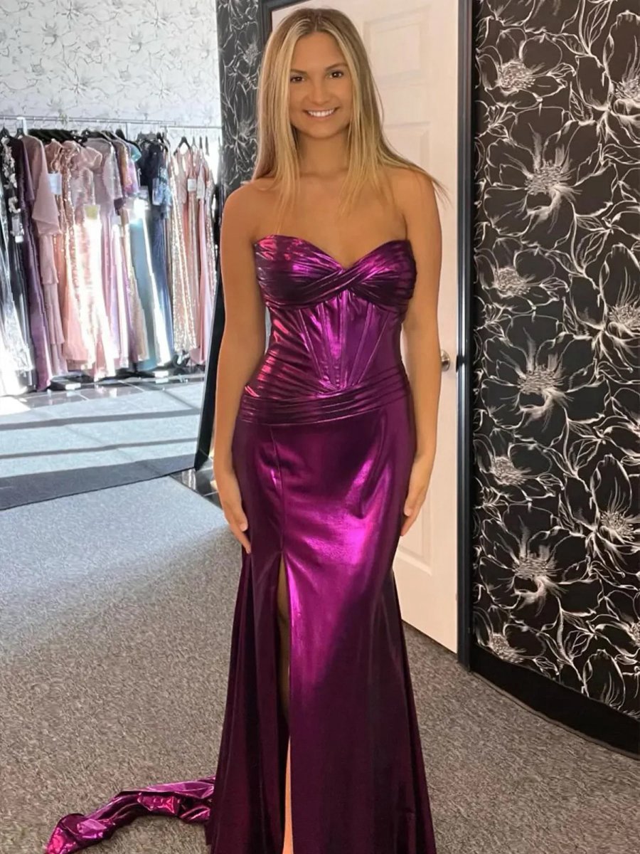 Mermaid Sweetheart Strapless Metallic Empire Prom Dresses with Side Slit
