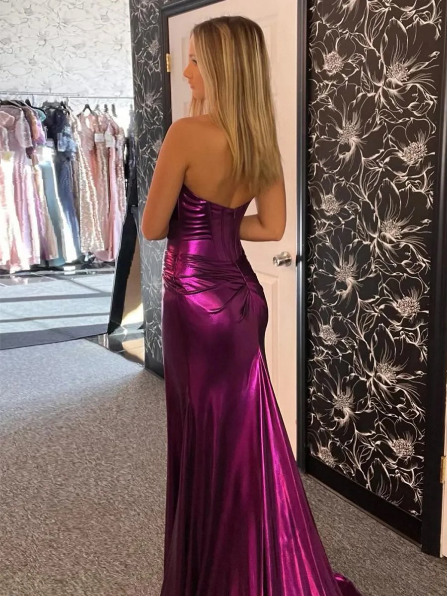 Mermaid Sweetheart Strapless Metallic Empire Prom Dresses with Side Slit