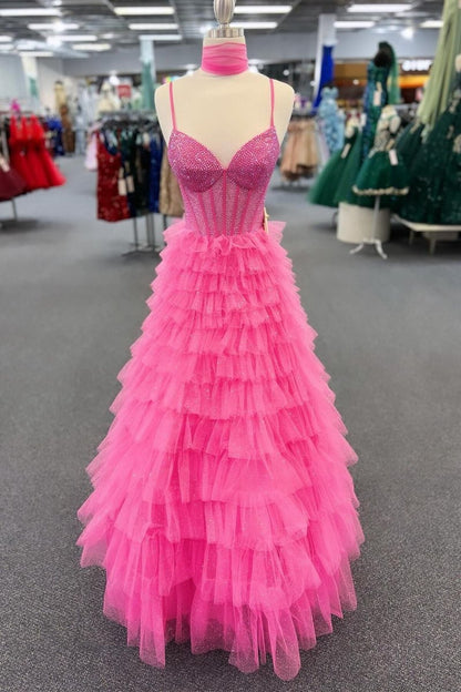 Tulle A-line Spaghetti Strap Beaded Long Tie Prom Dresses
