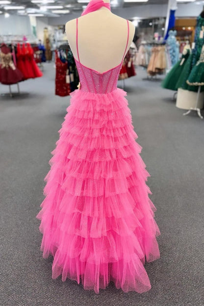 Tulle A-line Spaghetti Strap Beaded Long Tie Prom Dresses