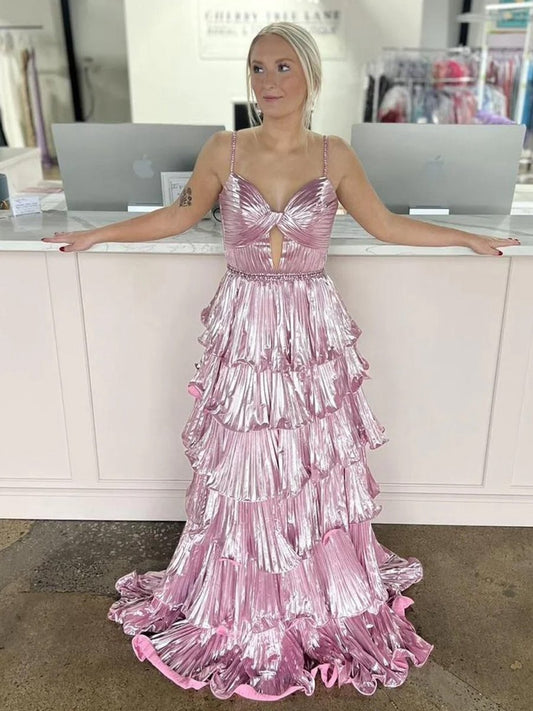 Sweetheart Spaghetti Straps Tie A-line Metallic Prom Dresses