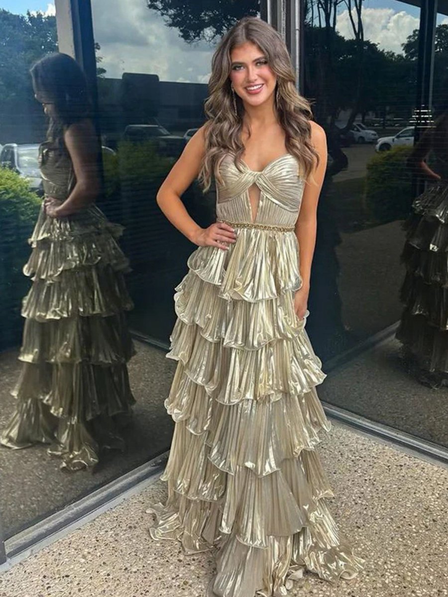 Sweetheart Spaghetti Straps Tie A-line Metallic Prom Dresses