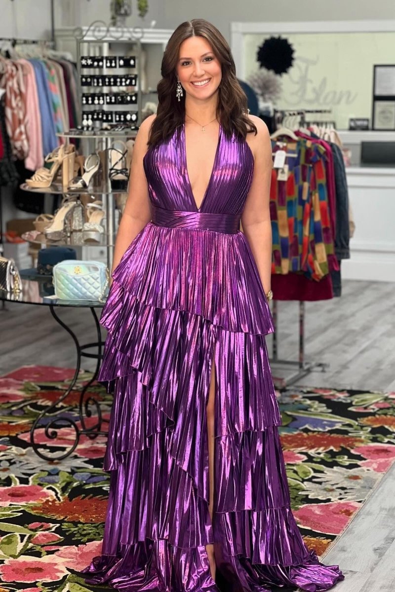Metallic A-line Tie V-Neck Sleeveless Prom Dresses with Slit