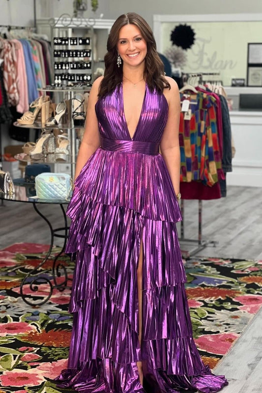 Metallic A-line Tie V-Neck Sleeveless Prom Dresses with Slit