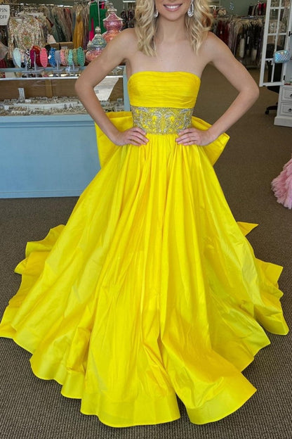 Strapless Beaded Waist Bow Back Long Gown