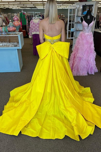 Strapless Beaded Waist Bow Back Long Gown
