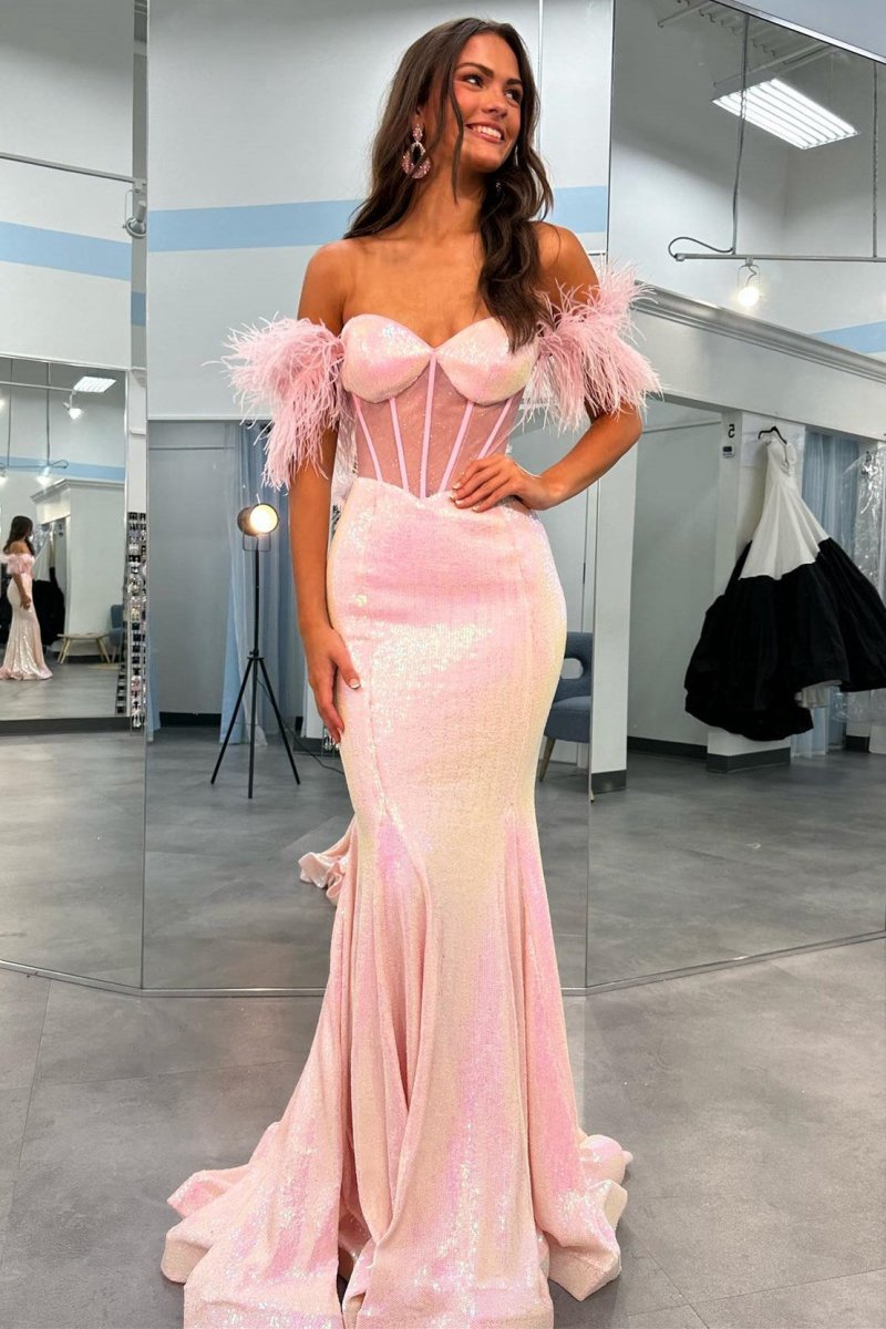 Sequin Feather Sheer Bodice Trumpet Long Gown