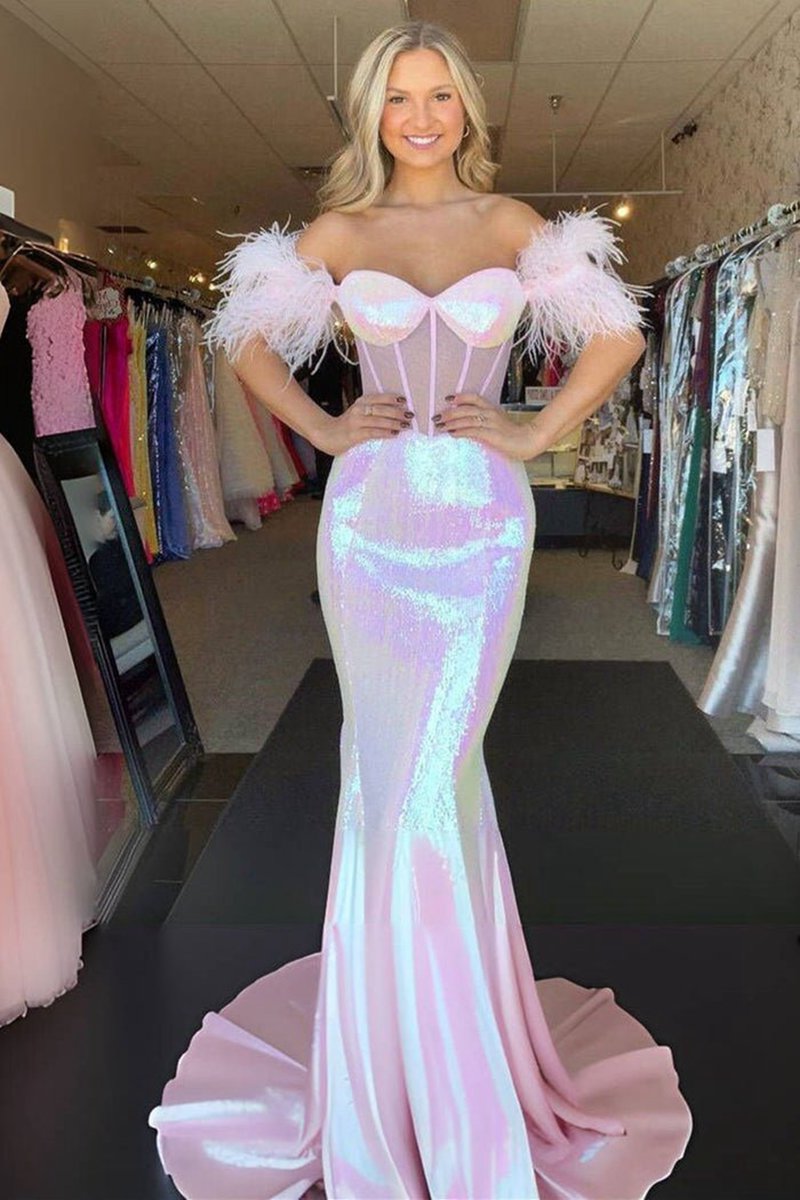 Sequin Feather Sheer Bodice Trumpet Long Gown