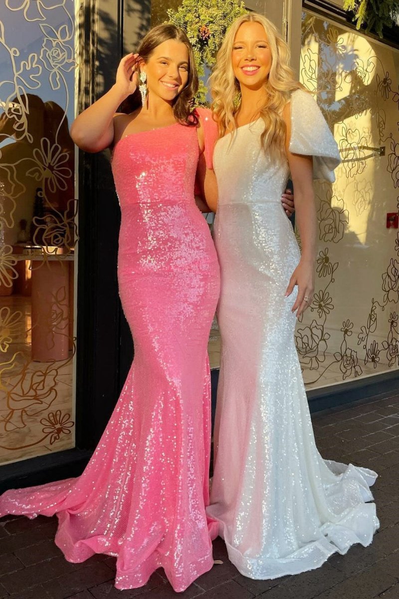 Sequin One-Shoulder Bow Strap Trumpet Long Prom Dresses