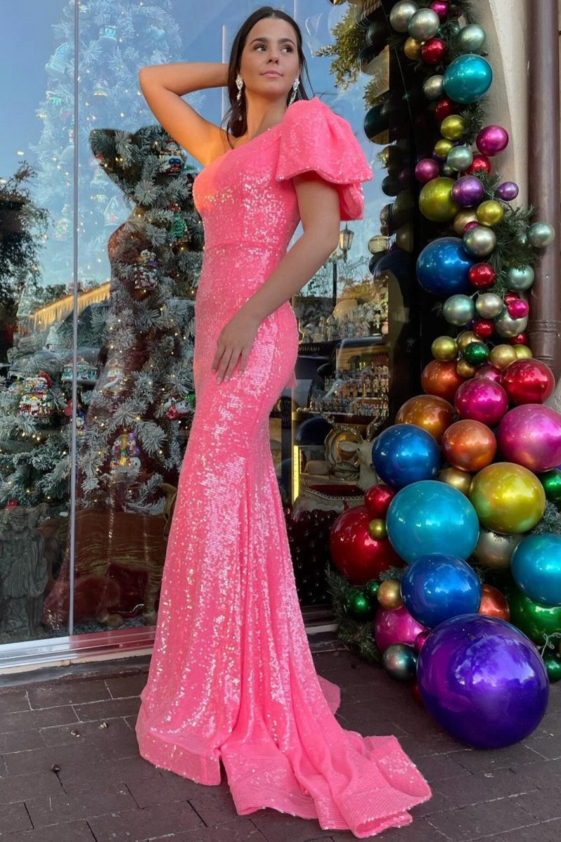 Sequin One-Shoulder Bow Strap Trumpet Long Prom Dresses