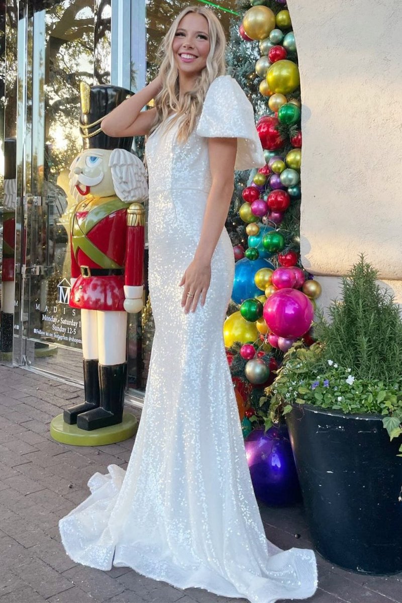 Sequin One-Shoulder Bow Strap Trumpet Long Prom Dresses