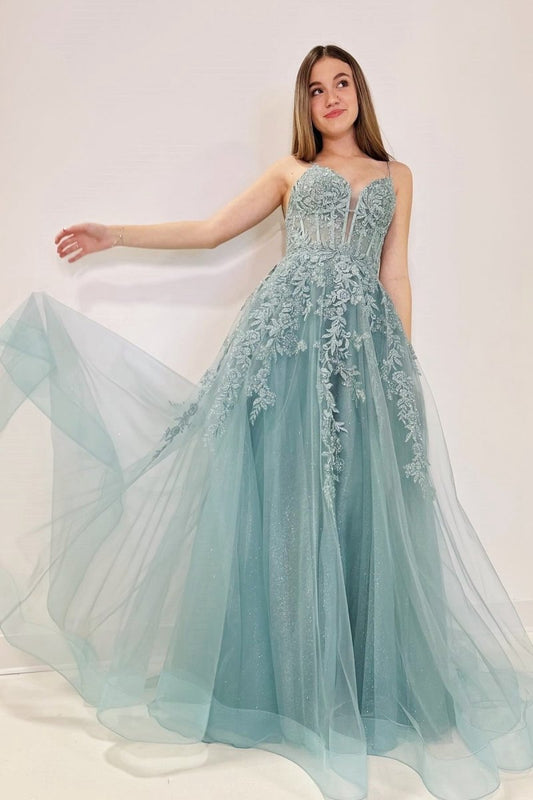 Tulle Appliques Lace-Up A-line Long Prom Dresses