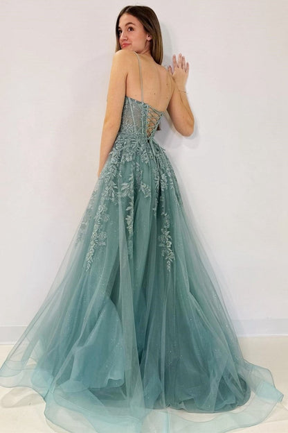 Tulle Appliques Lace-Up A-line Long Prom Dresses