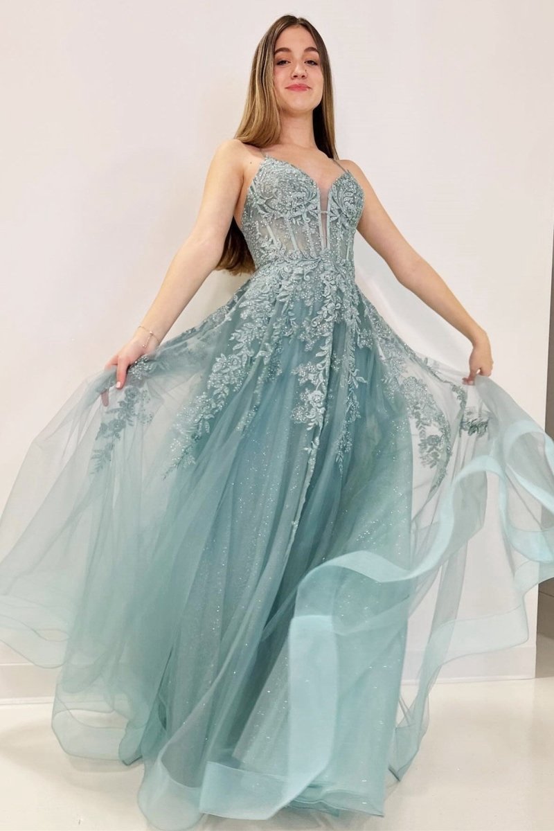 Tulle Appliques Lace-Up A-line Long Prom Dresses