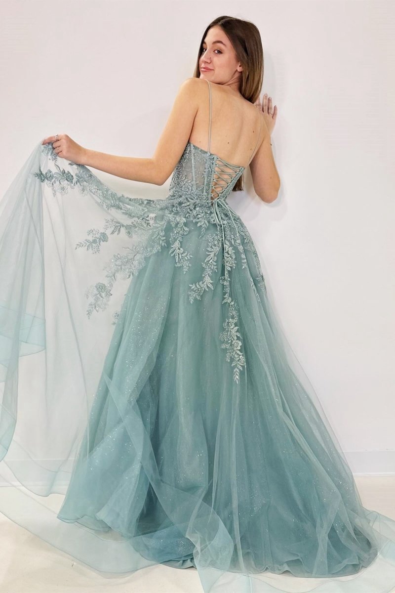 Tulle Appliques Lace-Up A-line Long Prom Dresses