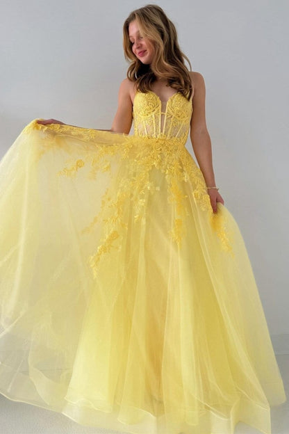 Tulle Appliques Lace-Up A-line Long Prom Dresses