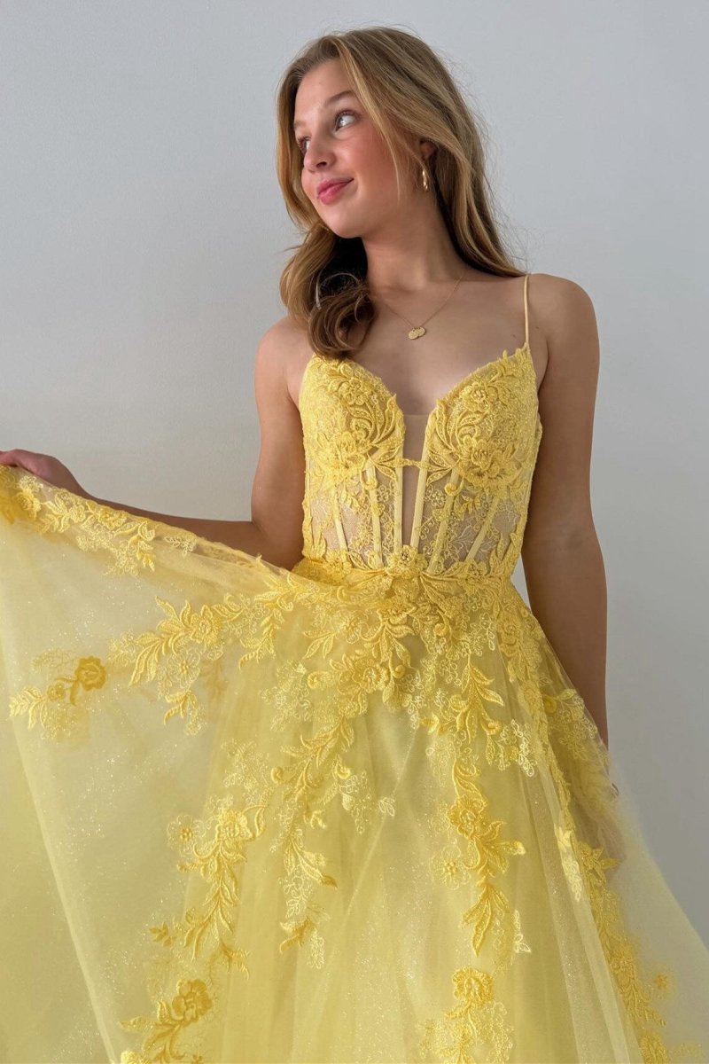 Tulle Appliques Lace-Up A-line Long Prom Dresses