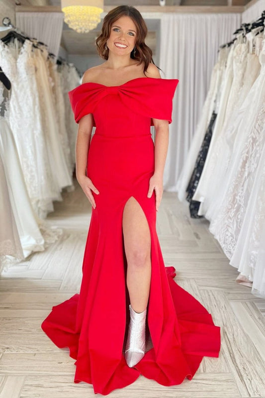 Off-the-Shoulder Bow Mermaid Gown with Slit