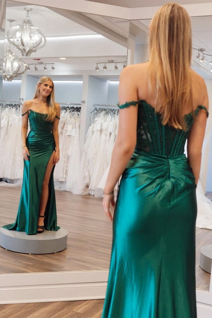Emerald Satin Off-the-Shoulder Mermaid Long Formal Dresses with Slit