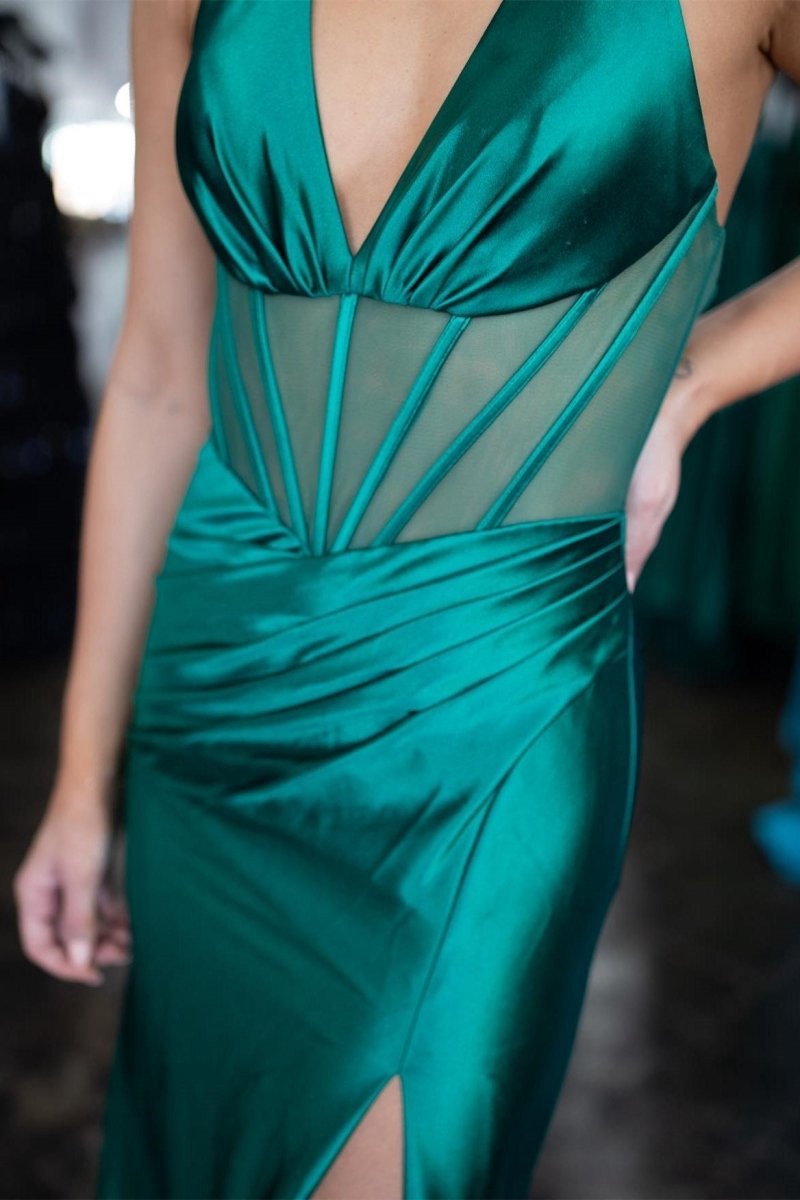 Mermaid Halter Sheer Bodice Pleated Prom Dresses with Slit