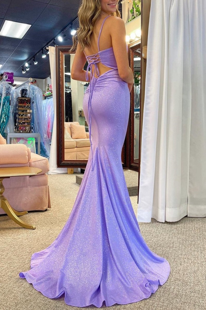 Glitter Beaded Lace-Up Mermaid Long Gown