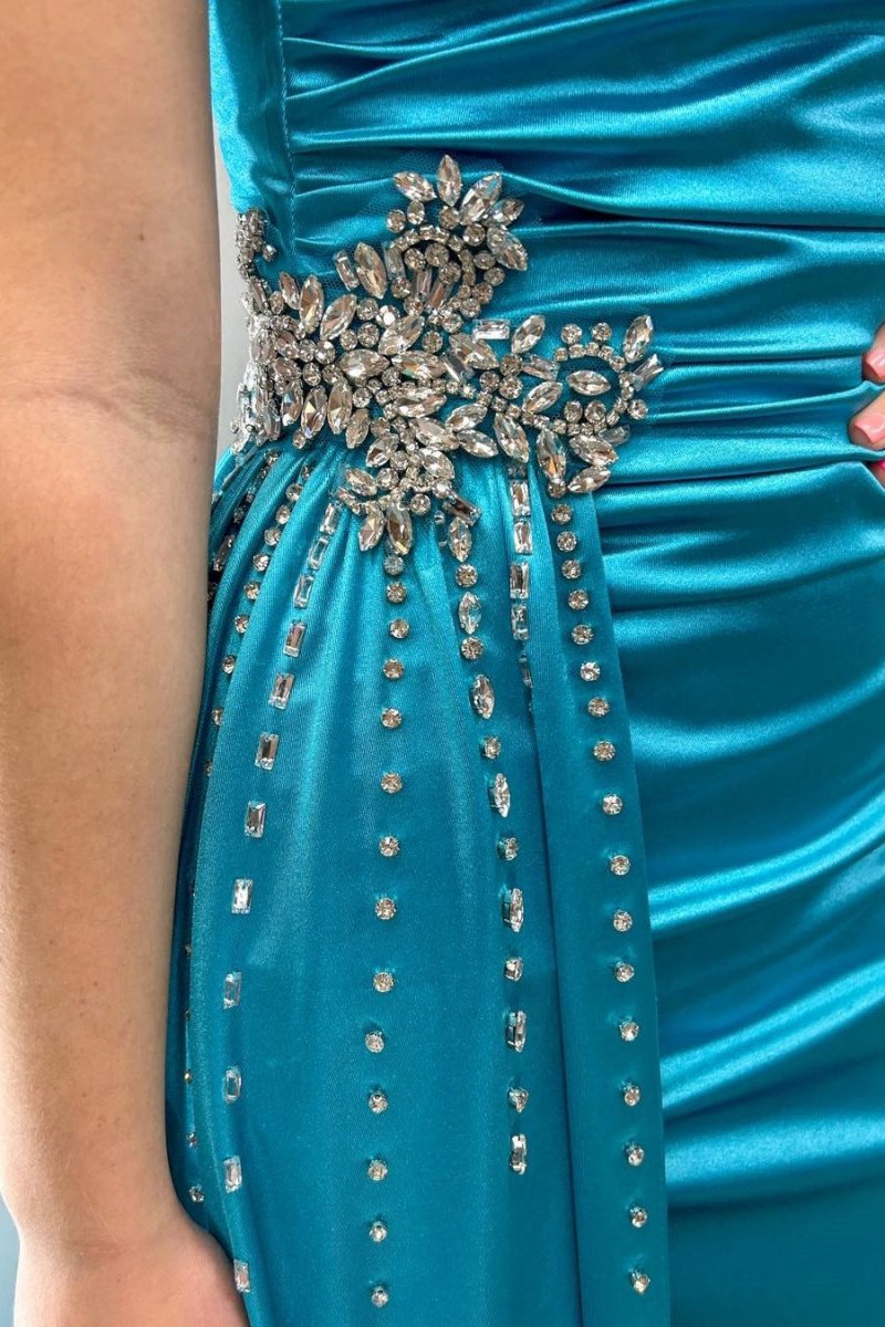 Teal Beaded Spaghetti Strap Long Gown with Attached Train