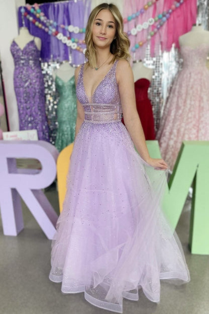 Tulle Hot Stone Backless A-line Prom Dresses