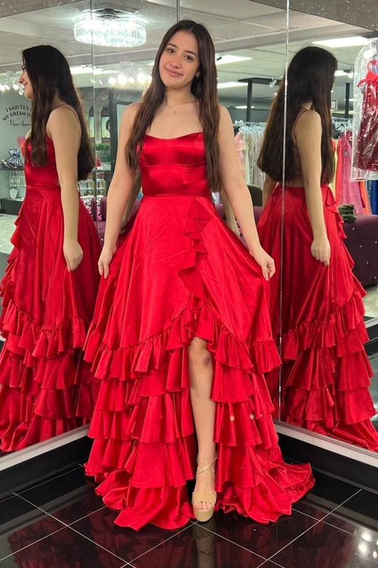 Scoop Neck A-line Lace-Up Ruffle Tie Prom Dresses with Slit