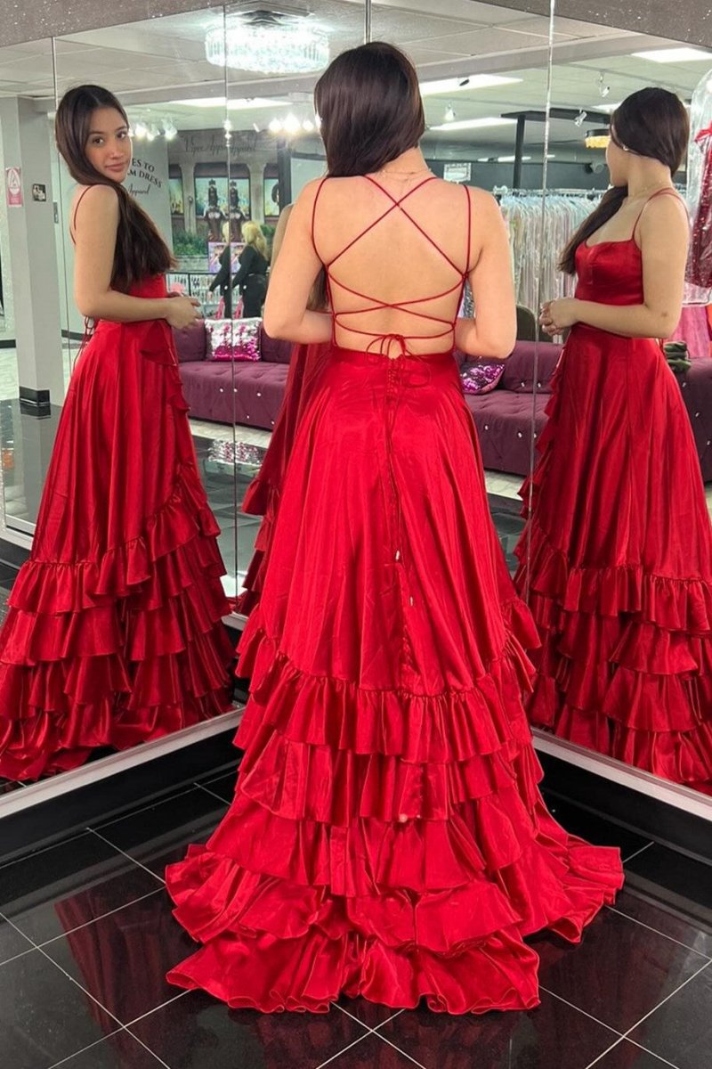 Scoop Neck A-line Lace-Up Ruffle Tie Prom Dresses with Slit