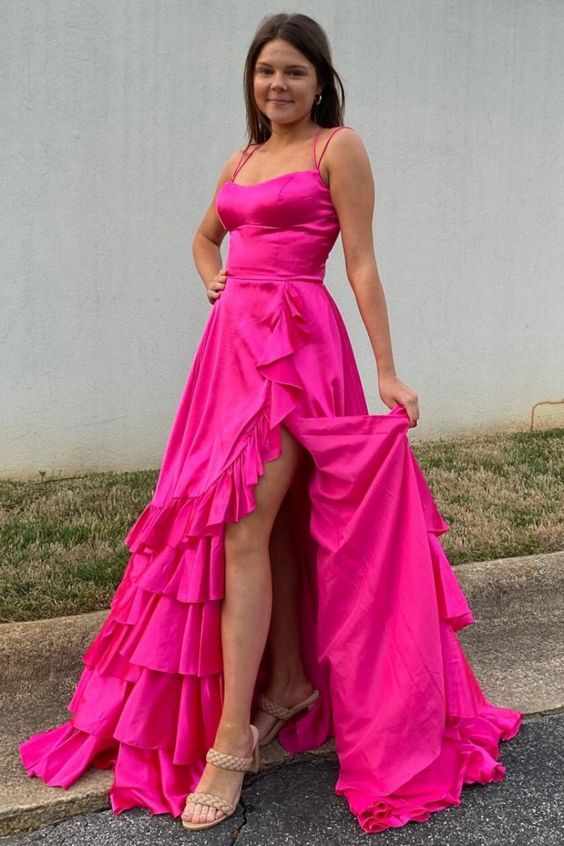 Scoop Neck A-line Lace-Up Ruffle Tie Prom Dresses with Slit
