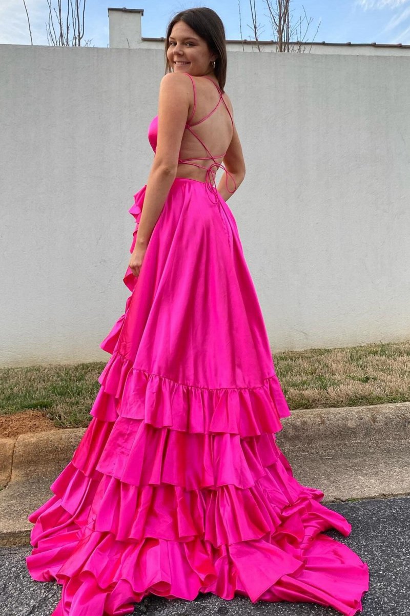 Scoop Neck A-line Lace-Up Ruffle Tie Prom Dresses with Slit