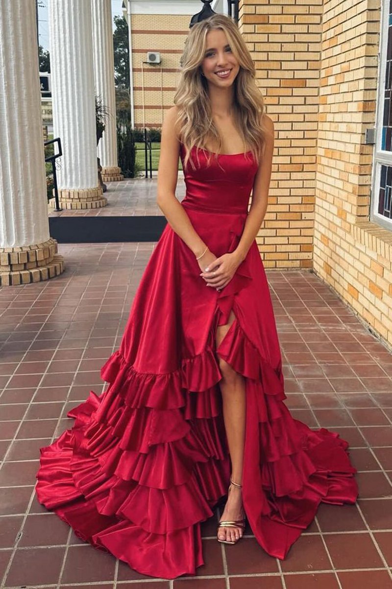 Scoop Neck A-line Lace-Up Ruffle Tie Prom Dresses with Slit