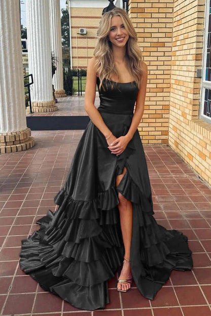 Scoop Neck A-line Lace-Up Ruffle Tie Prom Dresses with Slit