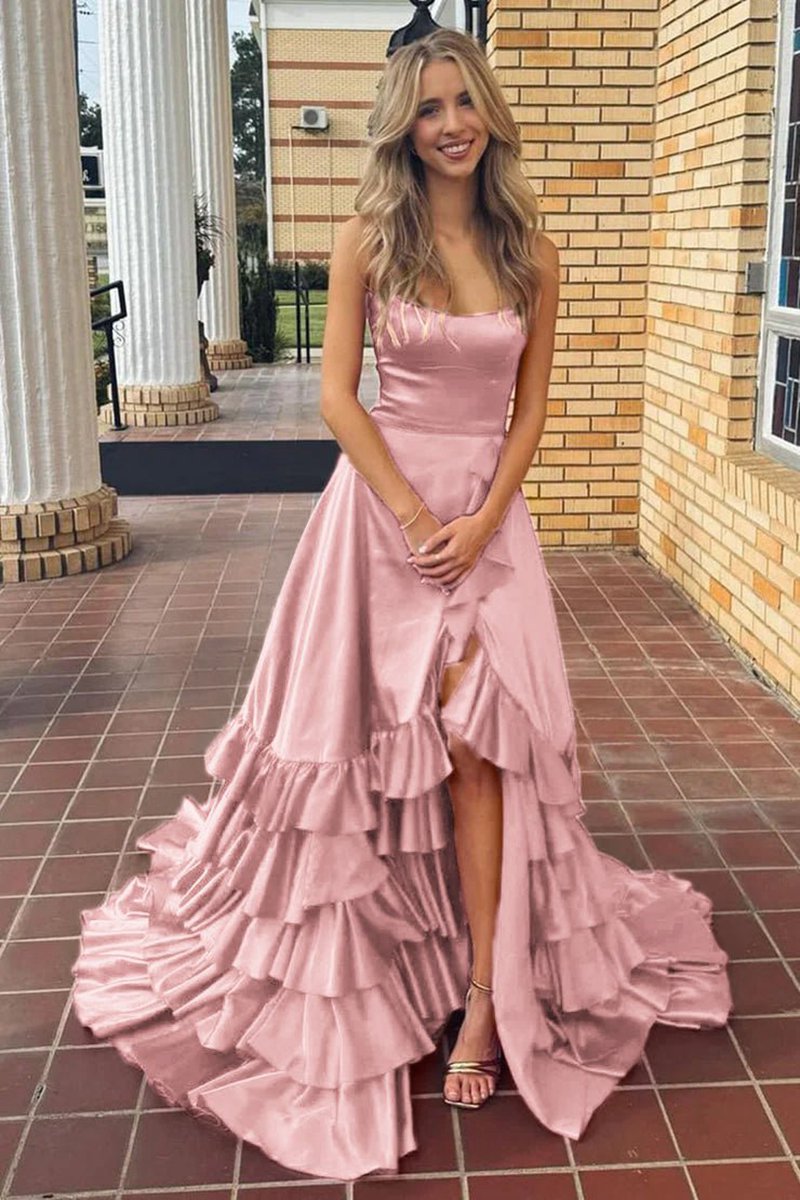 Scoop Neck A-line Lace-Up Ruffle Tie Prom Dresses with Slit