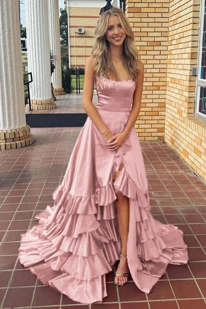 Scoop Neck A-line Lace-Up Ruffle Tie Prom Dresses with Slit