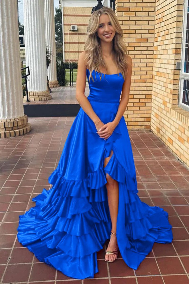 Scoop Neck A-line Lace-Up Ruffle Tie Prom Dresses with Slit
