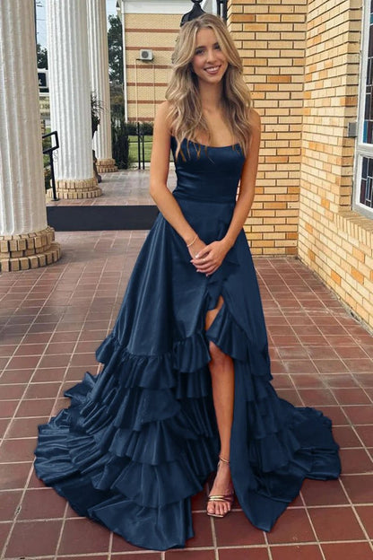 Scoop Neck A-line Lace-Up Ruffle Tie Prom Dresses with Slit
