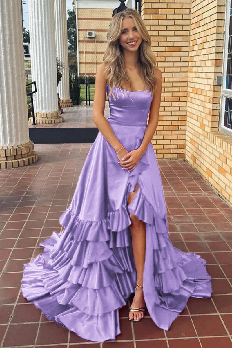 Scoop Neck A-line Lace-Up Ruffle Tie Prom Dresses with Slit