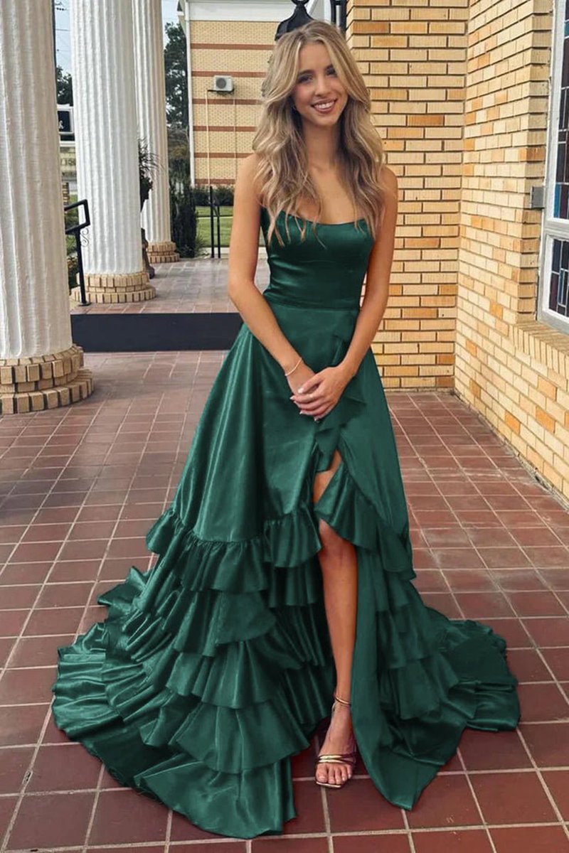 Scoop Neck A-line Lace-Up Ruffle Tie Prom Dresses with Slit