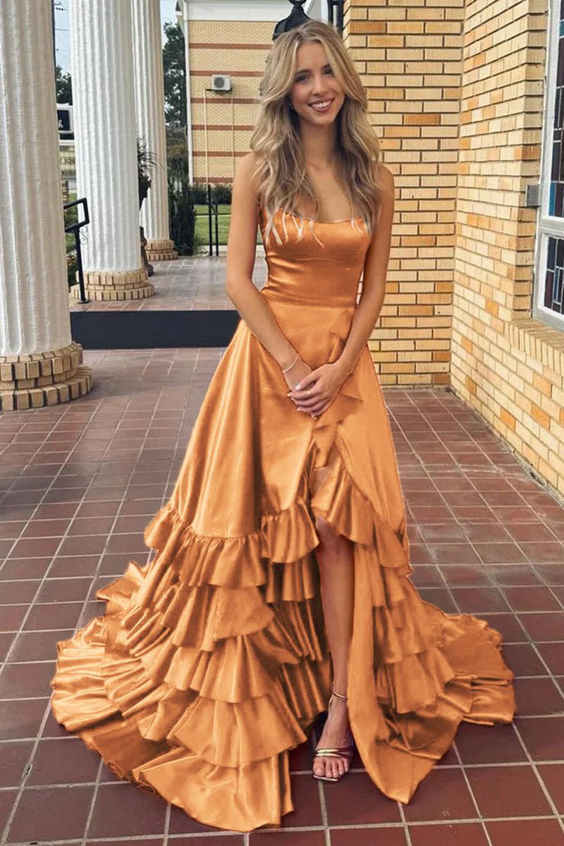 Scoop Neck A-line Lace-Up Ruffle Tie Prom Dresses with Slit