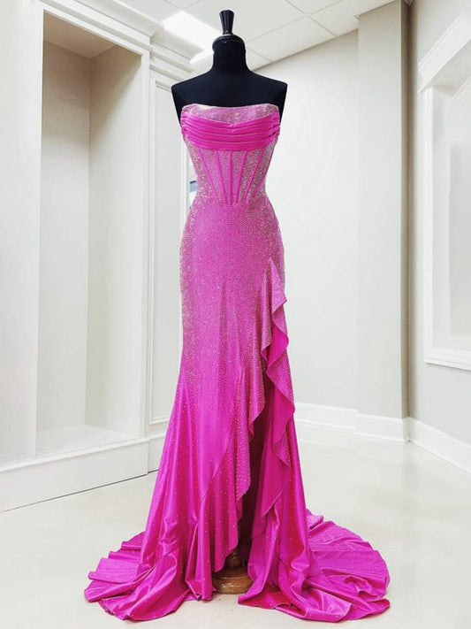 Mermaid Strapless Asymmetrical Beaded Long Prom Dresses with Slit