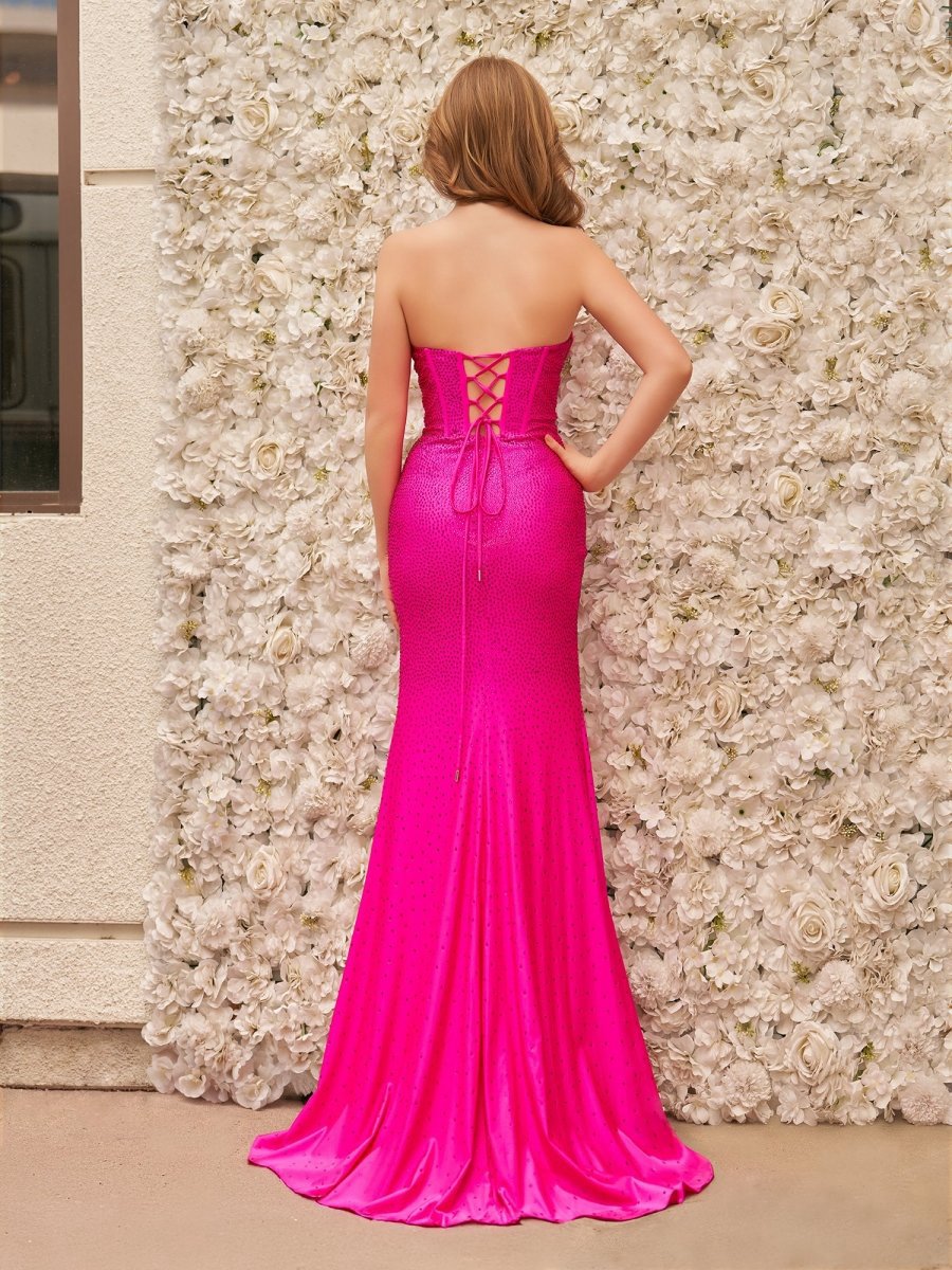 Mermaid Strapless Asymmetrical Beaded Long Prom Dresses with Slit