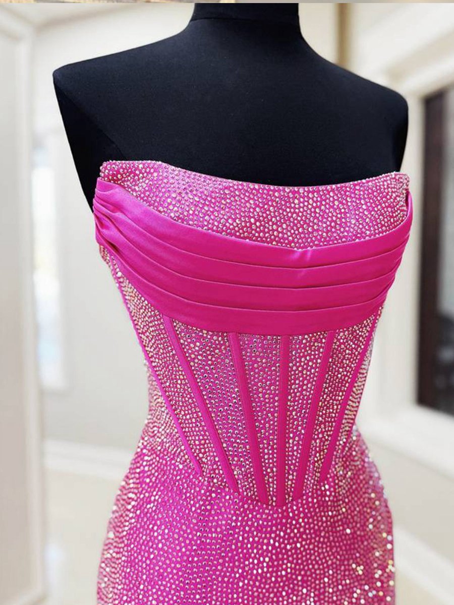 Mermaid Strapless Asymmetrical Beaded Long Prom Dresses with Slit
