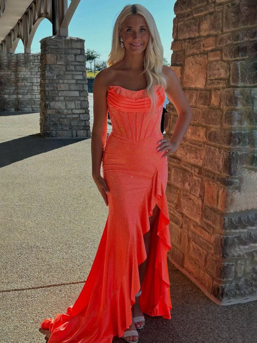 Mermaid Strapless Asymmetrical Beaded Long Prom Dresses with Slit