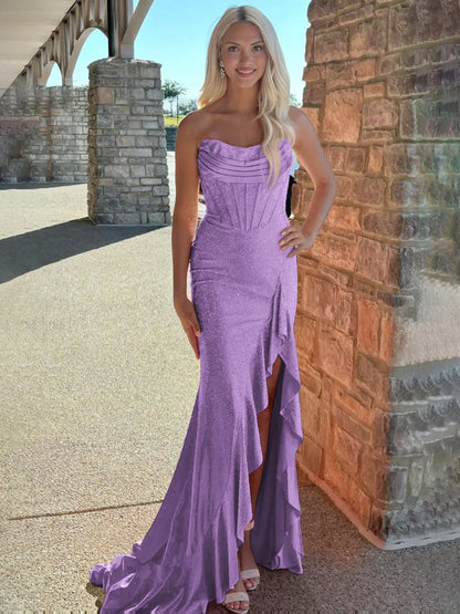 Mermaid Strapless Asymmetrical Beaded Long Prom Dresses with Slit