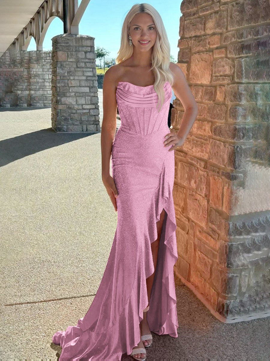 Mermaid Strapless Asymmetrical Beaded Long Prom Dresses with Slit